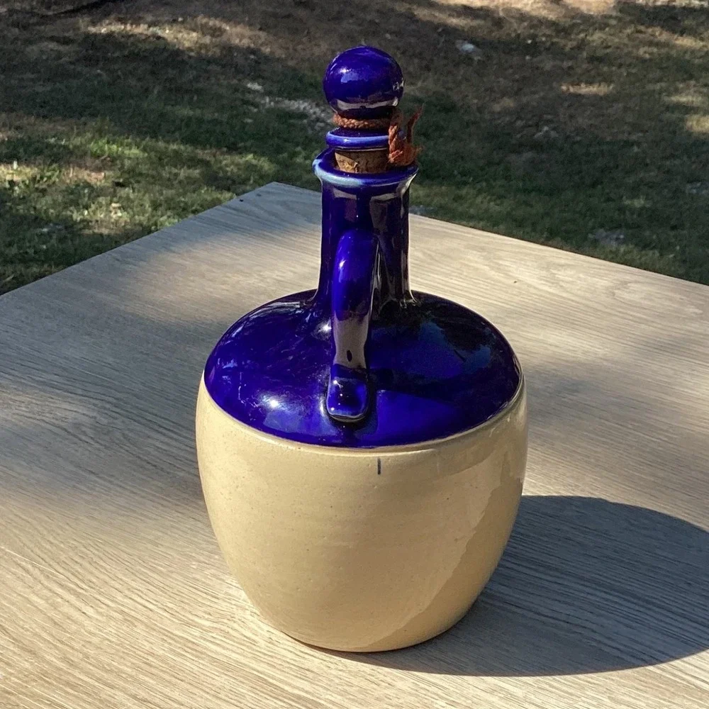 Kings Ransom Ceramic Liquor Bottle Blue‎ Glaze Jug Stopper Engraved